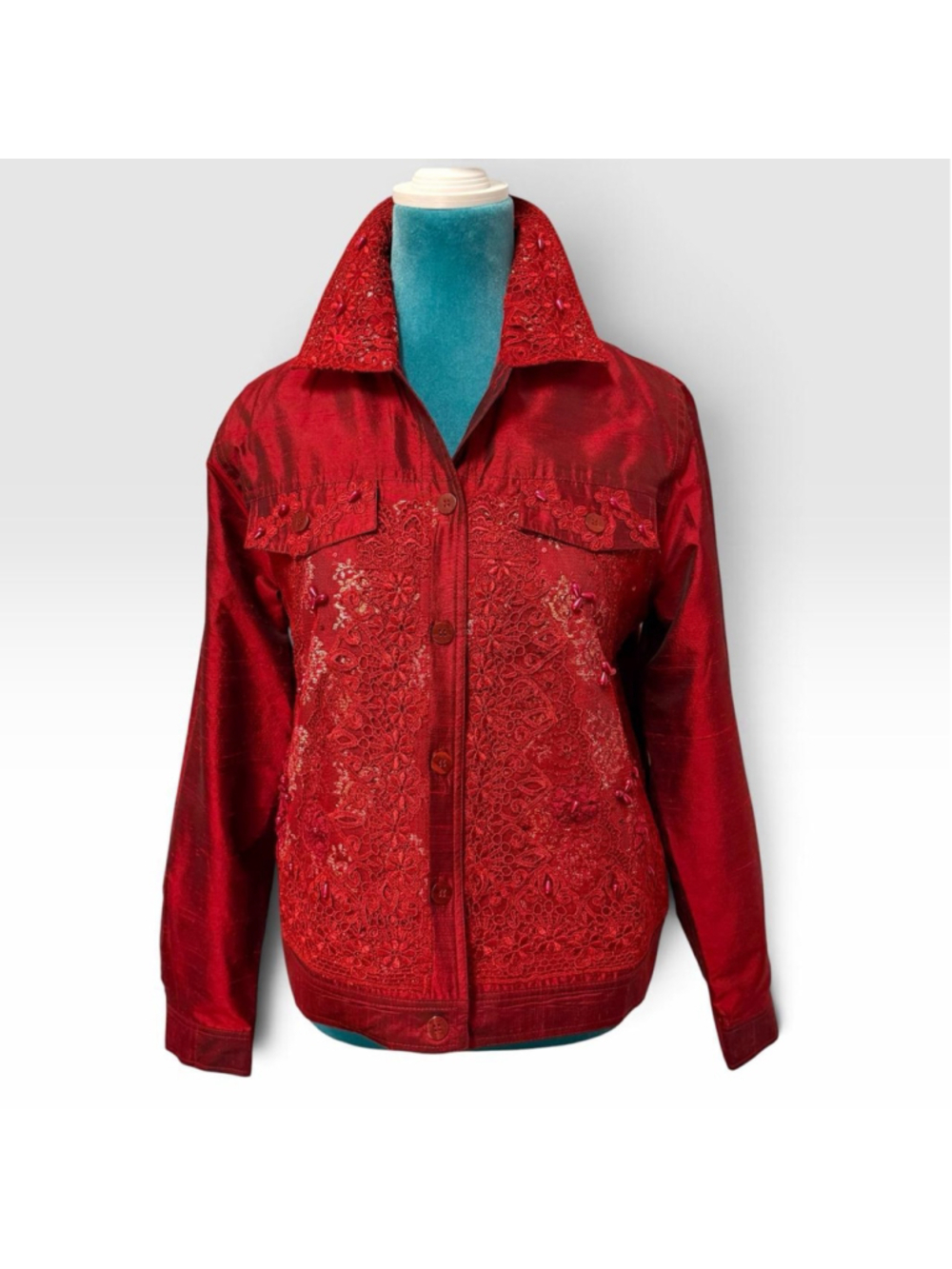 Red silk & polyester blend lightweight jacket with floral lace embroidery